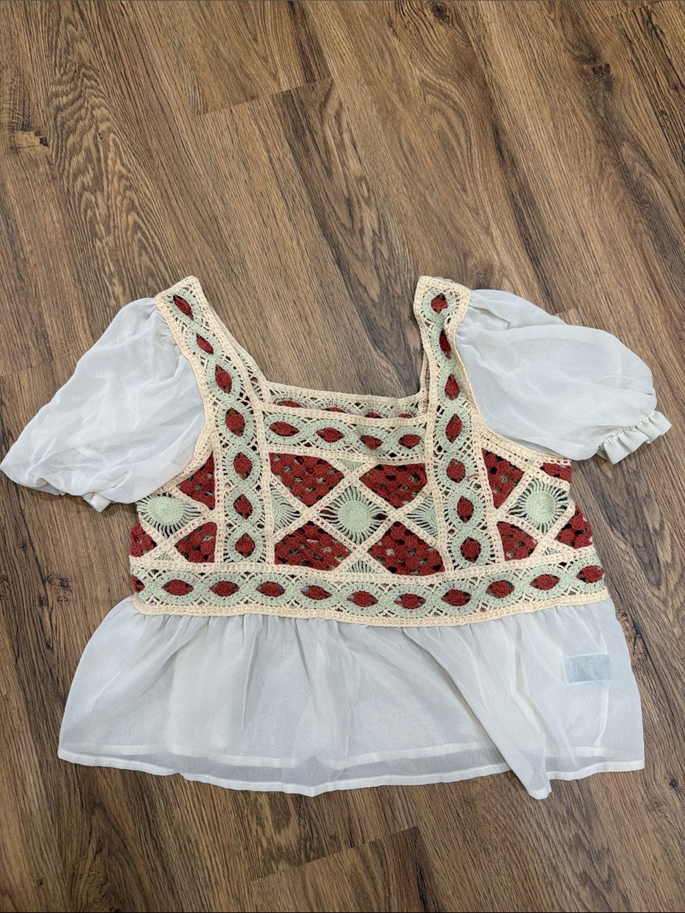 SHEIN Red Crochet-Overlay Peasant Tunic with Cream Trim